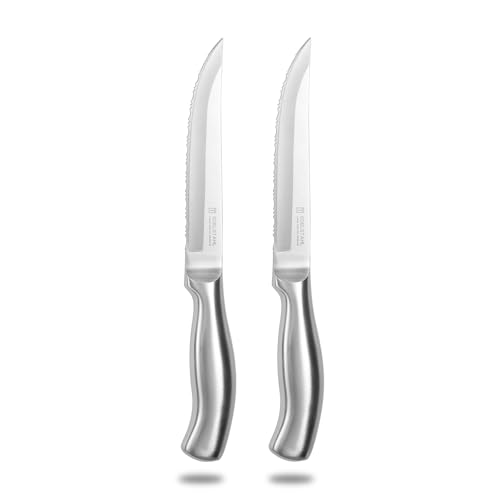 targzier Steak Knives Set of 2,Ultra Sharp Stainless Steel Steak Knife,Serrated Edge Knife,Ergonomic Forged Kitchen Knifes,Silver,Dishwasher Safe