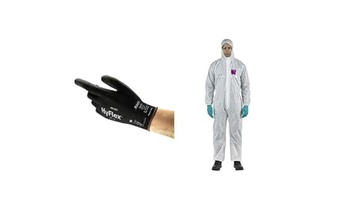 HyFlex 48-101, Lightweight Stretch Fit Nylon Liner, Safety Gloves Black, 10 (XL) + AlphaTec 1500 Model 138, Disposable Work Overall with Hood, Chemical Protection Type 5/6 ,Size XL (1 Unit)