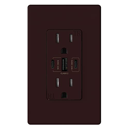 Image of ELEGRP USB Outlets, 30W 6.0 Amp USB C Outlets Receptacles, 3-Port USB Wall Outlet, 15 Amp Tamper-Resistant Outlet with 2 USB C Ports, UL Listed, Screwless Wall Plate Included, 1 Pack, Matte Brown