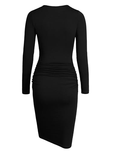 Image of Missufe Women's Long Sleeve Slim Ruched Bodycon Dress 2025 Trendy Fall Casual Round Neck Sheath Knee Length Outfits Clothes