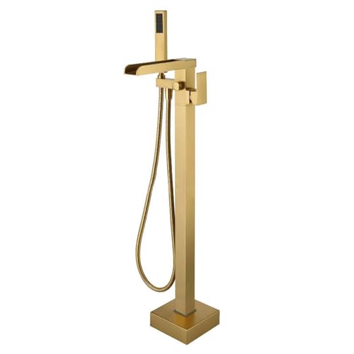 FYZLOIPU Freestanding Waterfall Bath Taps Black 360 Degree Rotation Single Handle Floor Mounted Bathtub Faucet Freestanding Bathtub Faucet, Black,Brushed Gold