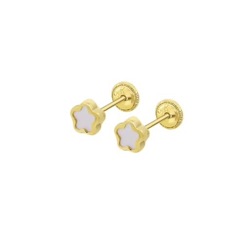 TIME ROAD Pendientes Bebé Niña LG00032/4 de Oro 9K 375 ml - Cierre Seguro de Rosca - Pendientes de Flor 4 mm - Infantil 3, 6, 12 a 24 meses - Ideal como Regalo de Nacimiento, Bautizo o Cumpleaños