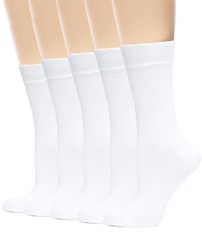 Image of Women's Cotton Calf Socks Lightweight Soft White Casual Crew Socks Cotton Women's Socks 5 Pairs,Size 9-11