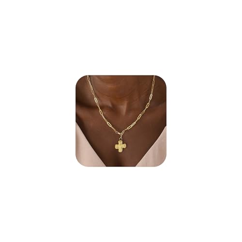 Chunky Gold Necklace, 14K Gold Plated Chunky Cross Necklace for Women Statement Pearl Heart Necklace Charm Gold Necklaces for Women Trenndy Fashion non Tarnish Gold Jewelry for Womens - Main Image
