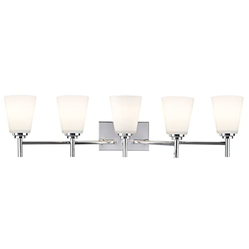 Aspen Creative 62114 Five-Light Metal Bathroom Vanity Wall Light Fixture, 33 1/2" Wide, Transitional Design in Chrome with Etched White Glass Shade