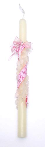 Vela de bautizo -baby01-de 30x2 cm,decorada con flores pinzadas en espiral. Una cinta,dos perlas blancas, un lazo con,chupete, la cinta, lazo y chupete,rosa o azul. La cinta tiene dibujos de cochecitos, cunas, biberones, baberos, chupetes y banderolas baby Cover