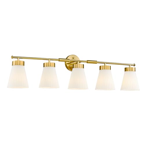 Image of Bathroom Light Fixture, HWH 5-Light Bathroom Vanity Light Brushed Gold Vanity Lighting Over Mirror, Modern Vanity Lights with Frosted White Striped Glass, 5HZG97B-5W BG