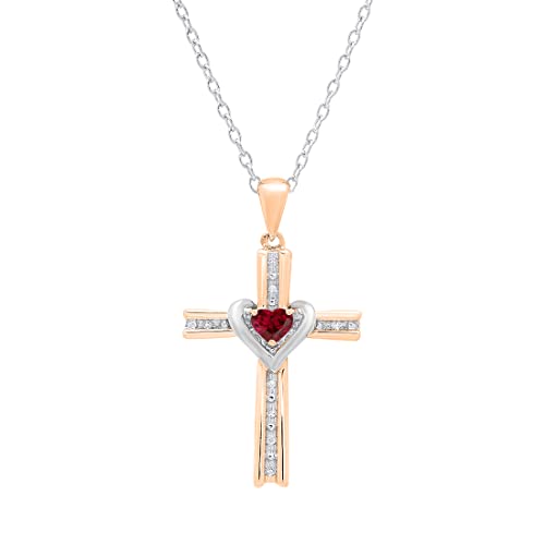 Dazzlingrock Collection 4Mm Heart Lab Created Ruby & Round Natural Diamond Heart Cross Pendant With 18 Inch Silver Chain For Her In 14K White & Rose Gold #TOP7