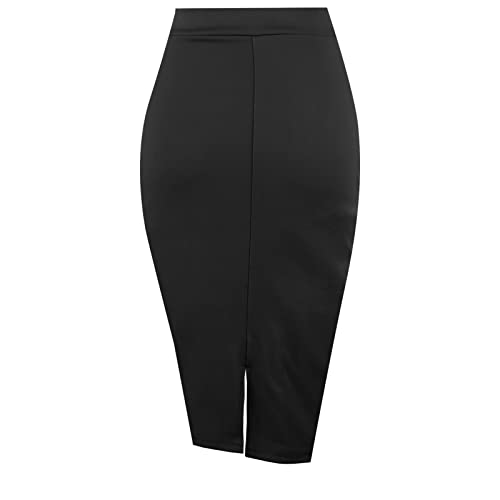 Topdress Women's Bodycon Pencil Skirts Basic Elastic High Waisted Stretch Short Skirt Knee Lenght With Slit Midi Black Large #TOP1