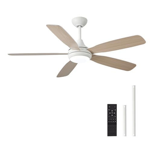 Hrtghzir 52 Inch Solid Wood Ceiling Fans with Lights and Remote, Dimmable 6-Speed Outdoor Ceiling Fan with Light, 5 Blade Ceiling Fan with 3-Timer Reversible DC Motor for Bedroom, Living Room