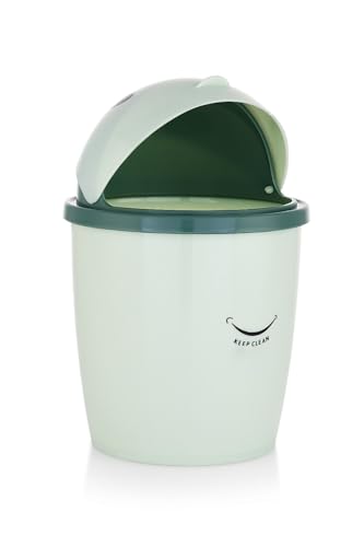 Image of Mini Desktop Trash Can with Swing Lid - Stylish Plastic Wastebasket for Office, Kitchen, Tabletop & Countertop | Small Round Garbage Bin (Small)