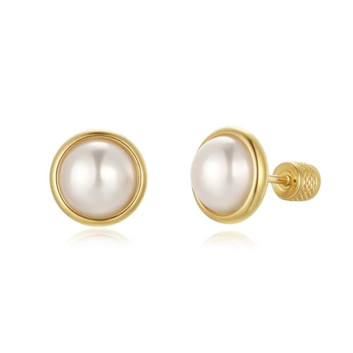 TIZU Pendientes de Perlas de Oro 14K para Mujer con Cierre de Rosca Perlas de Agua Dulce Cultivadas(6mm)