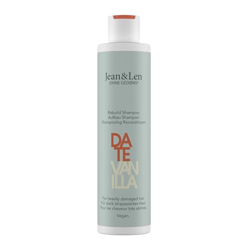 Jean & Len Rebuild Shampooing Dattes & Vanille, pour cheveux très abîmés, rend les cheveux plus forts et plus, parfum vanille, shampooing sans silicone ni parabène, végétalien, 300 ml