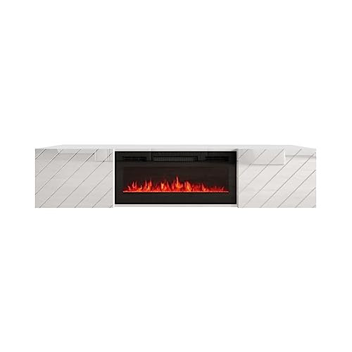Homlando Roxy - Mueble de TV colgante de 183 cm – Mueble bajo – Moderno soporte de TV con espacio de almacenamiento para el salón – Aparador – Chimenea eléctrica (blanco mate/blanco brillante con