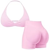 MAYROUND Workout Sets for Women 2 Piece Strappy Halter Sports Bra Scrunch Butt Shorts Gym Sets Yoga Outfits Seamless Tracksuit