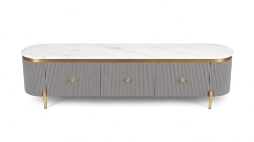Image of Mazzo White Marble TV Unit Console | 70 inchx15 inchx18 inch | Golden Legs & Charcoal Louvers | Storage Drawers | Modern TV Stand Console Unit White Marble Top with Gold Accents, Storage (Gray)