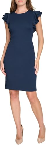 Image of Tommy Hilfiger Women's Sleeveless Ruffle Hem Jewel Neck Crepe Sheath Mini Dress