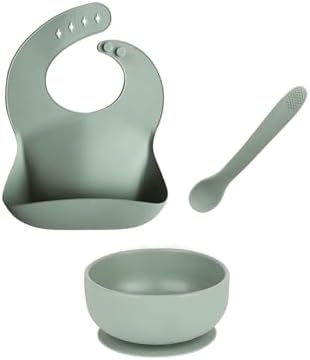 Meleni Baby 3'lü Silikon Bebek Beslenme Seti - Vakumlu Mama Kasesi - Mama Önlüğü - Diş Kaşıyıcı Kaşık - Yeşil - Görsel 1