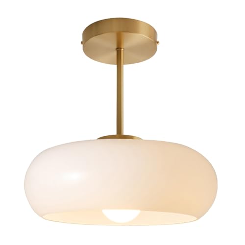 Qufute Gold Ceiling Light 1-Light White Glass Semi Flush Mount Ceiling Light Fixtures Mid Century Brass Flush Mount Lamp Milk Glass Shade Modern Close to Lamp for Hallway Bedroom Kitchen