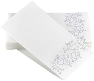 SimuLinen Disposable Guest Bathroom Hand Towels - SILVER FLORAL Design - Linen-Feel Disposable Paper Towels, Cloth-Like Texture, Single-Use - Perfect Size: 12x17” Unfolded & 8.5x4” Folded - Box of 100