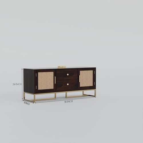 Image of Sheesham Wood Wooden tv Unit for Living Room 55 inch TV Furniture - Entertainment Unit Solid Wood tv Table for Living Room 55 inch TV Console with 2 Drawers, 4 Shelves & Ratan Door