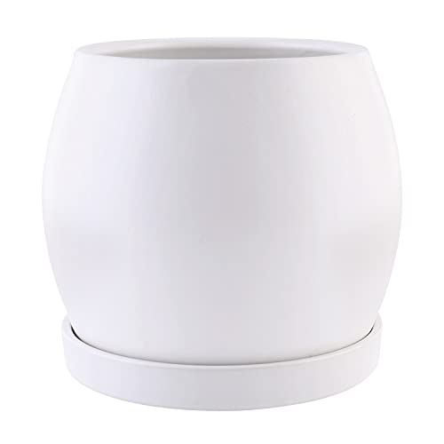 UMIAMOY 13cm 円形セラミックプランター植木鉢 - 排水穴とソーサー付きセラミックプランターポット - モダンな装飾的な屋内植木鉢 ホワイト