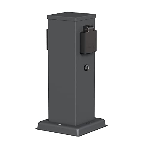 ledscom.de Garten Colonne de Prises de Courant Polly pour l'extérieur, IP44, capteur crépusculaire, 2X, Acier Inoxydable, Anthracite, carré, 27 cm