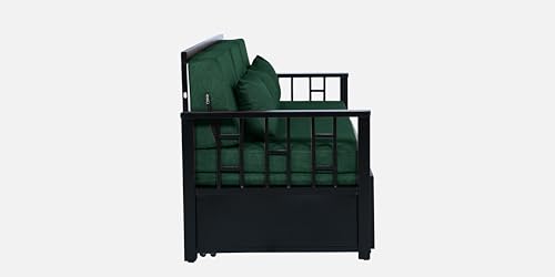Image of 3 Seater Metal Sofa Cum Bed with Hydraulic Storage | Queen Size Sofa Cum Bed | Matte Black Finish with Red Black Design