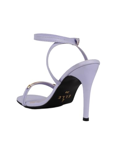 Image of ELLE Women's Square Toe Stiletto Heel Sandals with Gold-Tone Bar Detail and Crisscross Ankle Strap