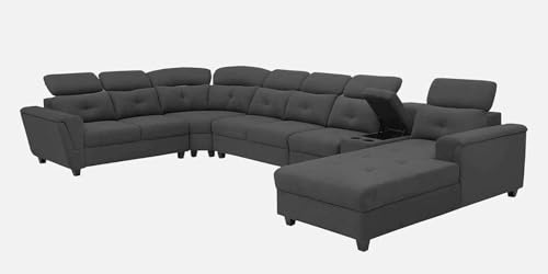 Image of Torque Arnold Fabric 8 Seater Sofa with Lounger and Cup Holder Black | Corner Sofa Couch with Moveable Headrest | U Shape Sectional Sofa Set Living Room Office Home