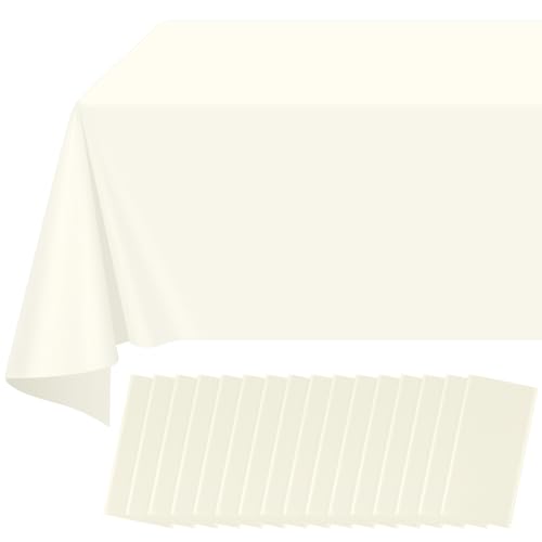 Image of 16 Pack Beige Plastic Tablecloth for Rectangle Tables, Premium Decorative Ivory Disposable Table Cloths for Parties, Rectangle Cream Party Table Cover for Birthday Wedding Baby Shower, 54x108 Inch