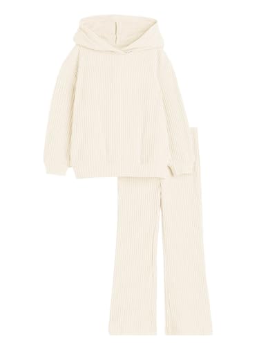Image of Haloumoning Girls 2 Pieces Outfits Ribbed Knit Hoodies Flare Pants Sweatshirts and Sweatpants Kids Tracksuits 4-14 Years