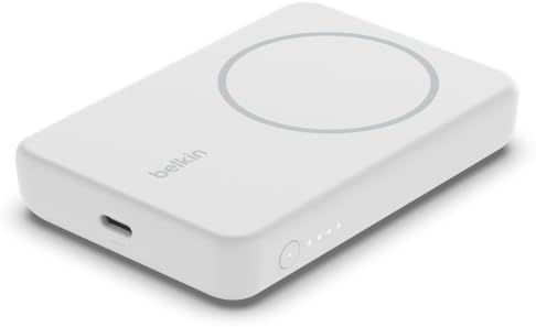 Belkin 5000mAh Magnetic Wireless Power Bank, Portable Charger Compatible with MagSafe, Battery Pack with 7.5W Output, 10W Input and Kickstand, Compatible with iPhone 16, 15, 14, 13, 12 Series - White