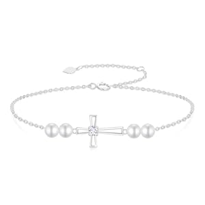 SISGEM 10k Gold Cross Anklets for Women, Created Moissanite and Pearl Religious Anklet for Her, 9.4-11 Inches