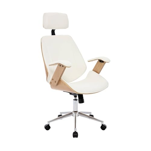 sweeek - Chaise de Bureau à roulettes décor Bois courbé placage Effet chêne et Simili Cuir Blanc