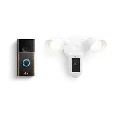 Ring Floodlight Cam Wired Plus, White with Ring Video Doorbell, Venetian Bronze