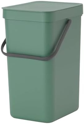 Brabantia Sort & Go Waste Bin 12L (Fir Green), Space-Efficient Plastic Recycle Container with Handle, Removable and Stay-Open Lid, Easy to Clean Kitchen Bin without Nooks and Rims