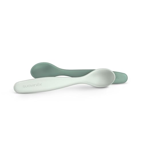 Suavinex, Pack 2 Cucharas para Bebés de Aprendizaje. Cucharas Infantiles. Aptas Encías Sensibles. Con Mango Largo. Ideal Papillas y Potitos. Aptas Lavavajillas. Ergonómicas. Bebés +6 Meses, Verde