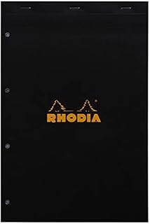 Rhodia 202019C Pack of 3 Stapled Notepads No.20 Black/Orange A4+ (21 x 31.8 cm), 80 Detachable Sheets, 4 Hole Punching, Small Squares 5 x 5, Clairefontaine Paper 80 g/m2 White