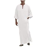 Herren Langarm Kaftan Leinen Robe mit V-Ausschnitt Muslimische Kleider Saudi Roben Türkisches kleid Gebetskleidung Taschen Kleider Seite Split Kurzarm Thobe Baumwolle mit Taschen Nachthemd Schlafanzug