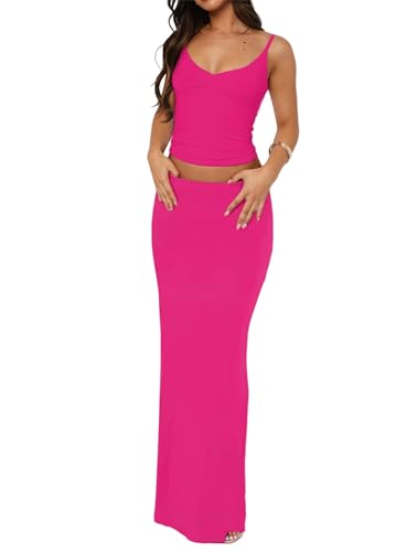 Image of Two Piece Skirt Set for Women - Sexy Sleeveless Spaghetti Strap Pleated Tank Top Maxi Long Skirts Sets