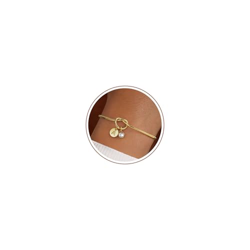Image of Turandoss Birthstone Initial Bracelets for Women Gold - 14K Gold Plated Knot Bracelet Dainty White Topaz April Birthstone Initial A Girls Bracelets Birthday Gifts for Women Jewellery