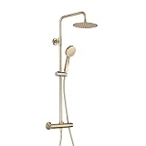 ENKI, Dune, SH0620, Brushed Brass, Thermostatic Shower Mixer Set, Solid Brass, Overhead Shower, Hand Shower, Anti-Scald Device, Contemporary Design, 1-Year Guarantee
