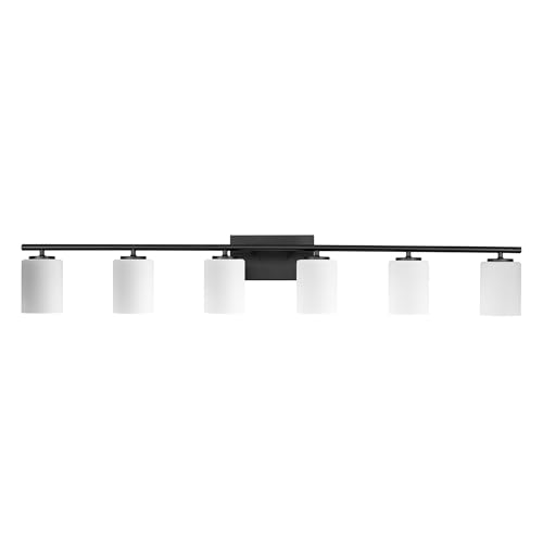 Image of Progress Lighting Replay Collection 48 in. 6-Light Textured Black Etched White Glass Modern Bath Vanity Light