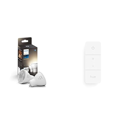 Philips Hue NEW White Smart LED Light Bulb [GU10 Spot] with Bluetooth Works with Alexa, Google Assistant, 2 Count (Pack of 1) & Smart Wireless Dimmer Switch V2 for Indoor Home Lighting