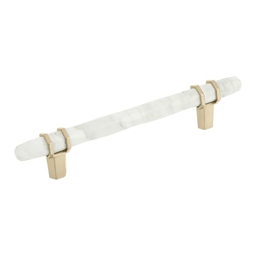 Image of Amerock | Cabinet Pull | Marble White /Golden Champagne | 5-1 /16 inch (128 mm) Center to Center | Carrione | 1 Pack | Drawer Pull | Drawer Handle | Cabinet Hardware | Zinc | 5-1 /16 inch (128mm) Center-to-Center Mounting Distance and 7-1 /2 inches Overall Length, Durable Zinc Cabinet Hardware