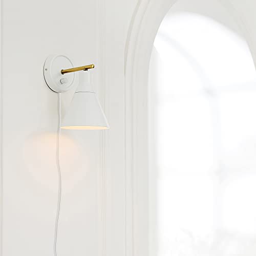 Globe Electric 65542 1-Light Plug-in or Hardwire Wall Sconce, Matte White, Brass Accent, Stepless Dimming Rotary Switch, Fabric Cord, Modern Lighting for Apartment or Renters, Home Decor by Globe Electric - Image 5