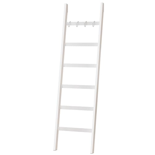 Yorbay Handtuchleiter Bambus, 6 Sprossen, Kleiderleiter mit 2 Sturzsicherheitsriemen und 4 Haken, Handtuchhalter Leiter für Dekoratives Badezimmer, Leiter Deko HxB 170 x 43 cm (Weiß)