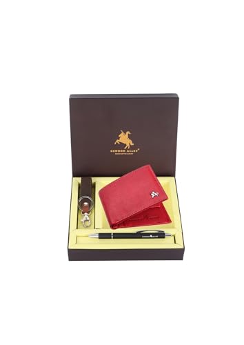LONDON ALLEY Kevin Classic Red Leather Wallet, Red + Pen + Keyring - Image 2