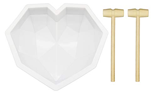 FineLife Big Silicone Diamond Heart Shaped Chocolate Mold Tray with 2 Wooden Hammers for Making Breakable Mousse, Cake, Chocolate, Cheesecake, for Mother's Day/Happy Birthday Gift